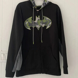 Batman Hoodie Camouflage Logo Sweatshirt Black Green Camo Size L Zip Up Mens